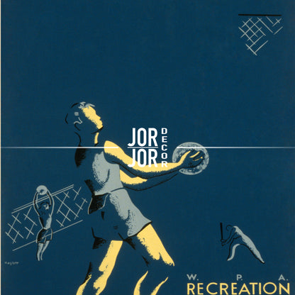 A stylized illustration of a person playing volleyball, with a dark blue background and a yellow and white color scheme.