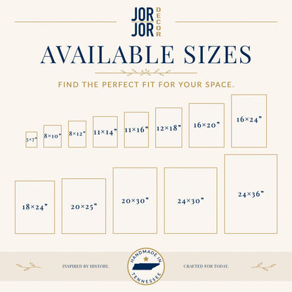 The image is a collection of various sizes of framed artworks or photographs, arranged in a grid format. The text above the image reads "JOR JOR DESIGN" and "AVAILABLE SIZES" followed by a tagline that says "FIND THE PERFECT FIT FOR YOUR SPACE." The bottom of the image features the phrase "INSPIRED BY HISTORY. CRAFTED FOR TODAY."