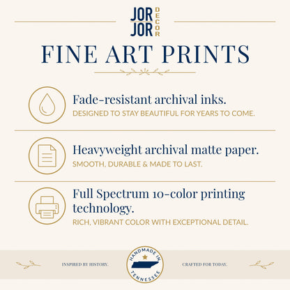 The image is an advertisement for fine art prints, highlighting their features such as fade-resistant archival inks, heavyweight archival matte paper, and full spectrum 10-color printing technology.
