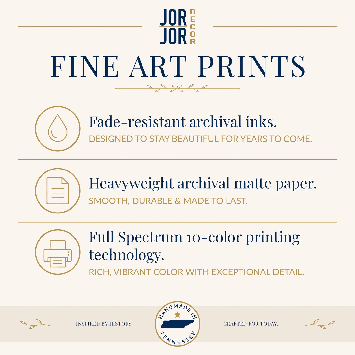 The image is an advertisement for fine art prints, highlighting their features such as fade-resistant archival inks, heavyweight archival matte paper, and full spectrum 10-color printing technology.