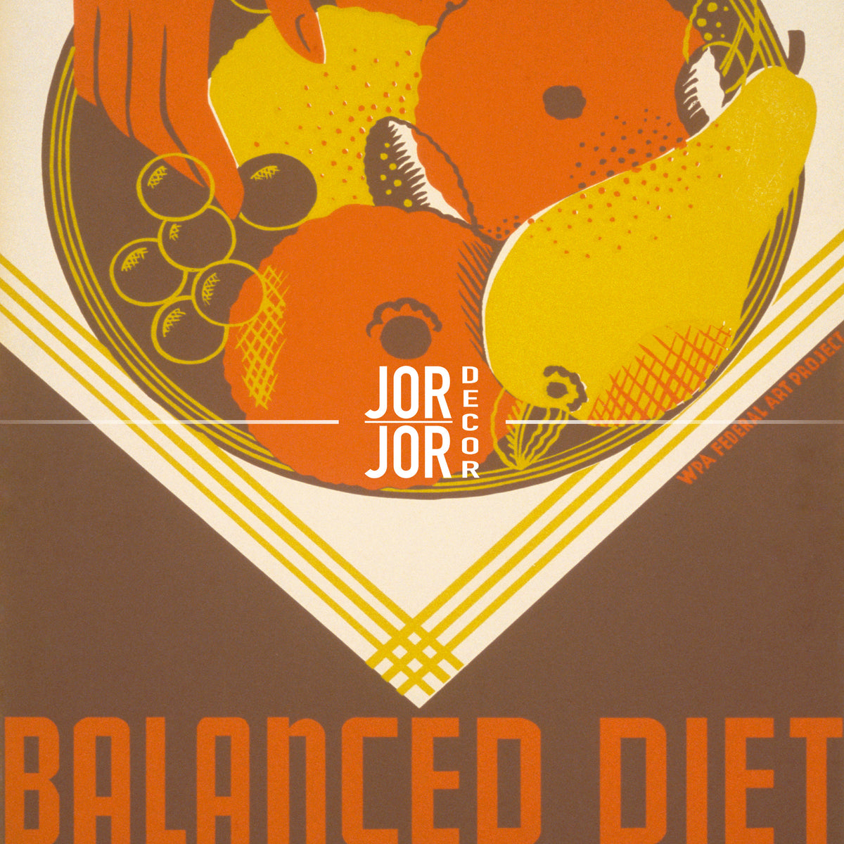 The image is a poster for a balanced diet, featuring a bowl of fruit with a stylized illustration of the fruits.