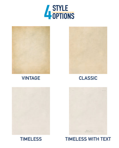four different styles of paper or cardstock, each with a unique color and design. The styles are labeled as "Vintage", "Classic", "Timeless", and "Timeless with Text".