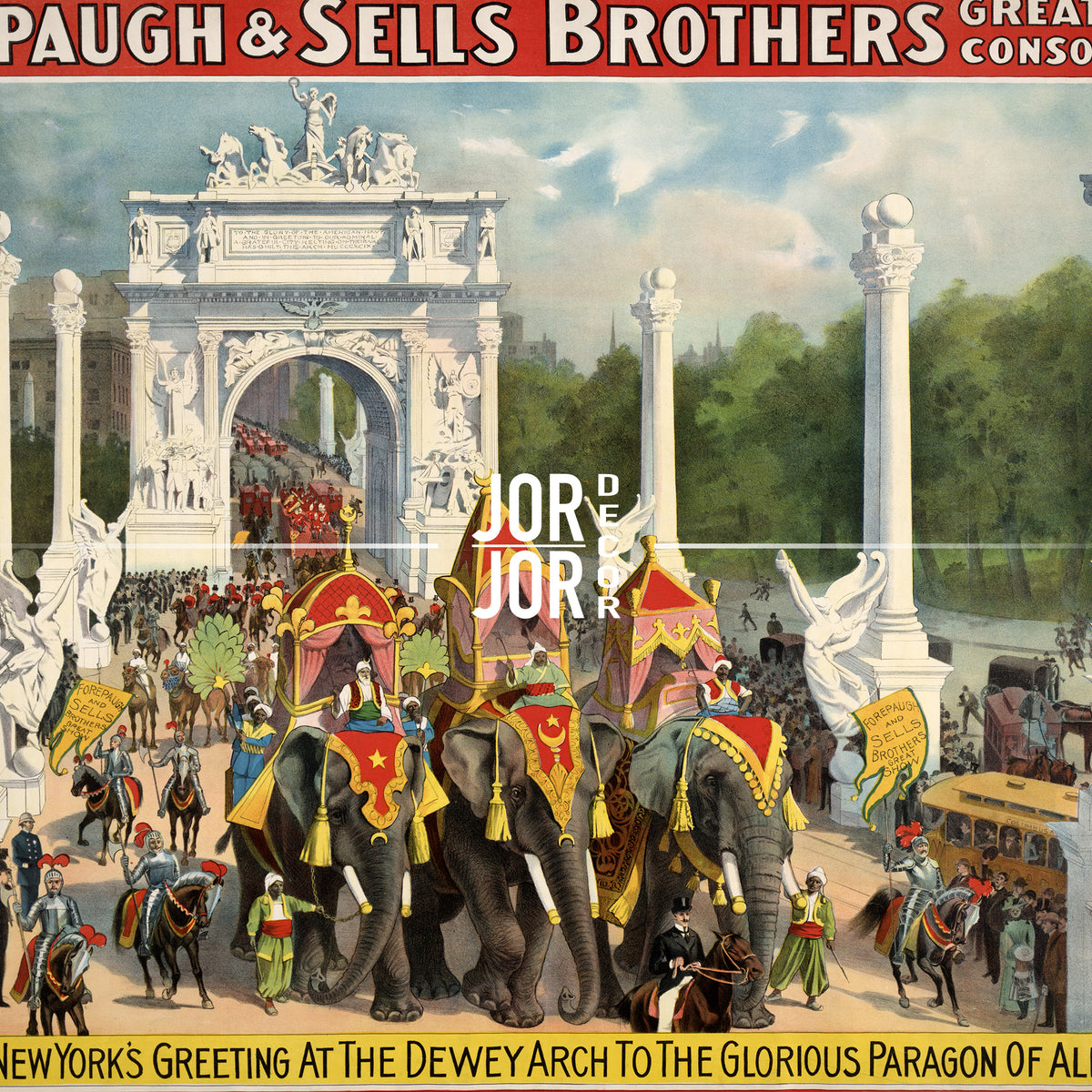 The image is a vintage advertisement for Paugh & Sells Brothers, featuring a large archway with a statue and people dressed in elaborate costumes and riding elephants.