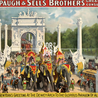 The image is a vintage advertisement for Paugh & Sells Brothers, featuring a large archway with a statue and people dressed in elaborate costumes and riding elephants.