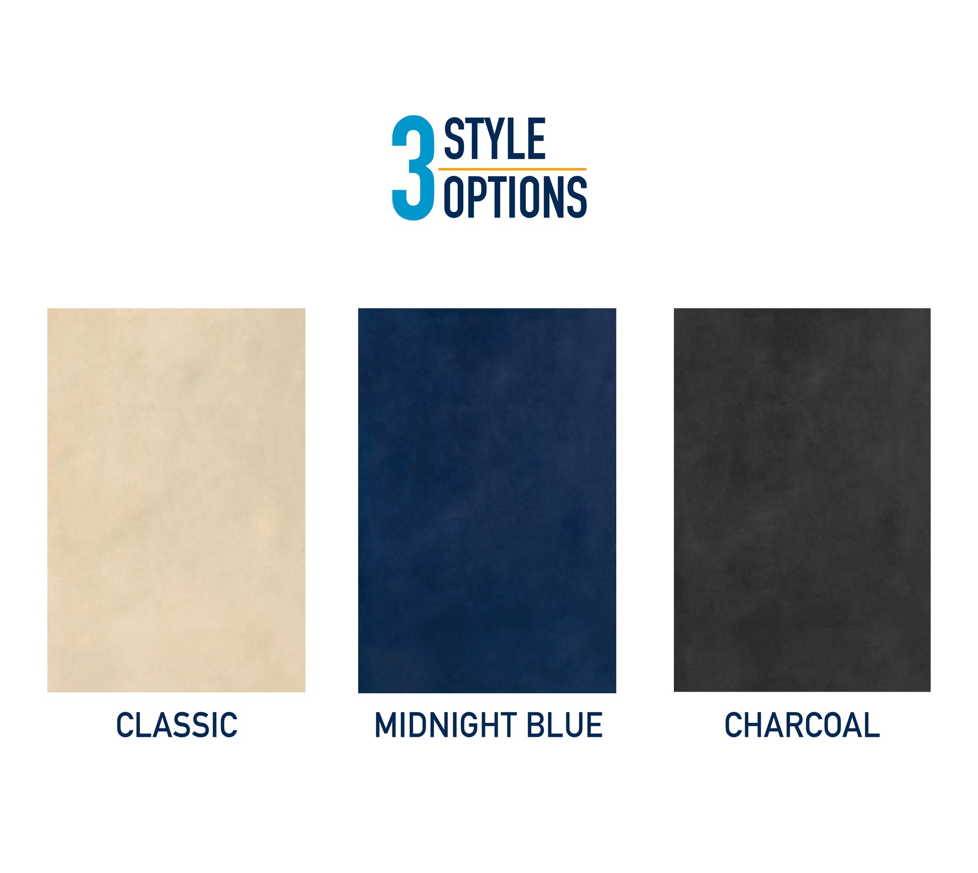 three different fabric swatches, each with a label indicating the color: classic, midnight blue, and charcoal.