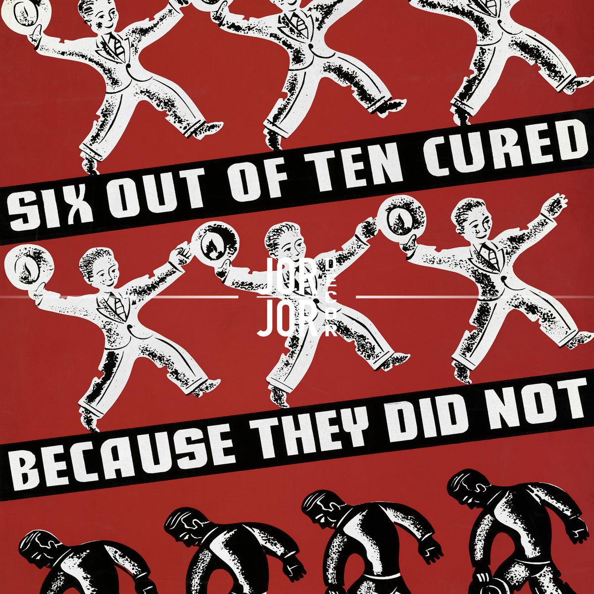 The image is a collage of various cartoon-style illustrations of people, including both men and women, with the text "Six out of ten cured" and "Because they did not" overlaid on the images.