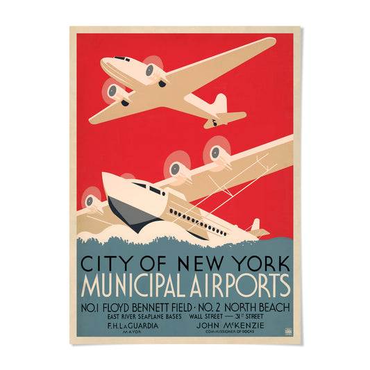 A vintage-style poster advertising the City of New York municipal airports, featuring a large airplane flying over a seascape with smaller airplanes and boats below.