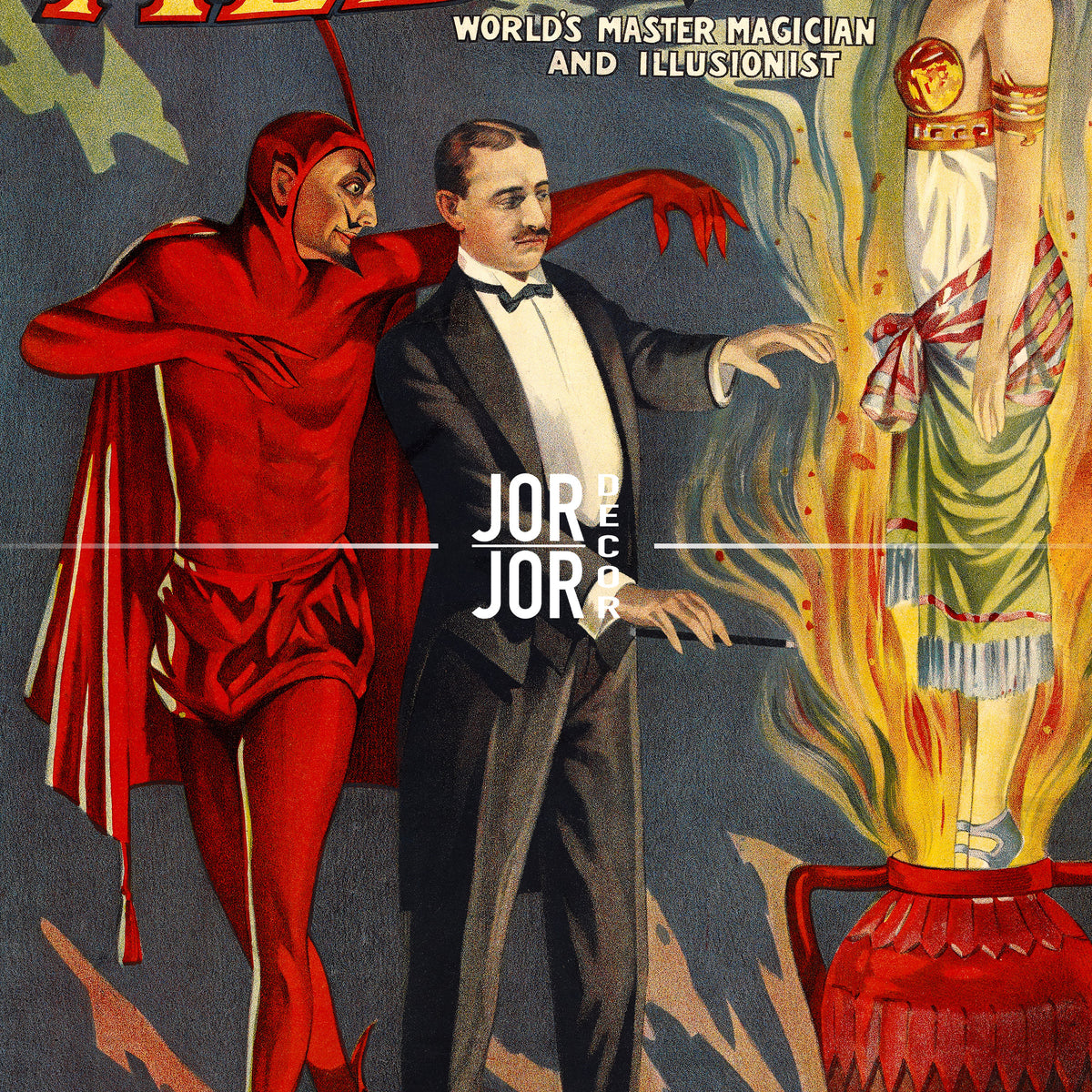 The image is a vintage advertisement featuring a man in a tuxedo performing a magic trick with a woman dressed in a red dress and a man in a red cape.