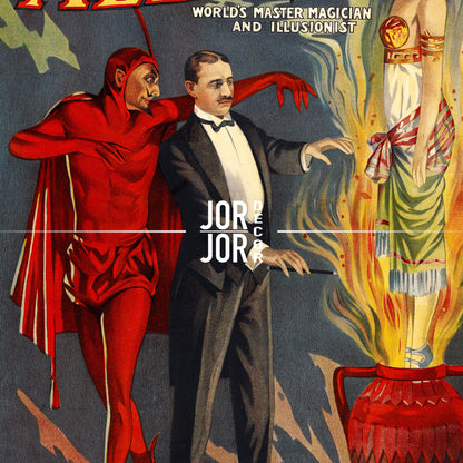 The image is a vintage advertisement featuring a man in a tuxedo performing a magic trick with a woman dressed in a red dress and a man in a red cape.