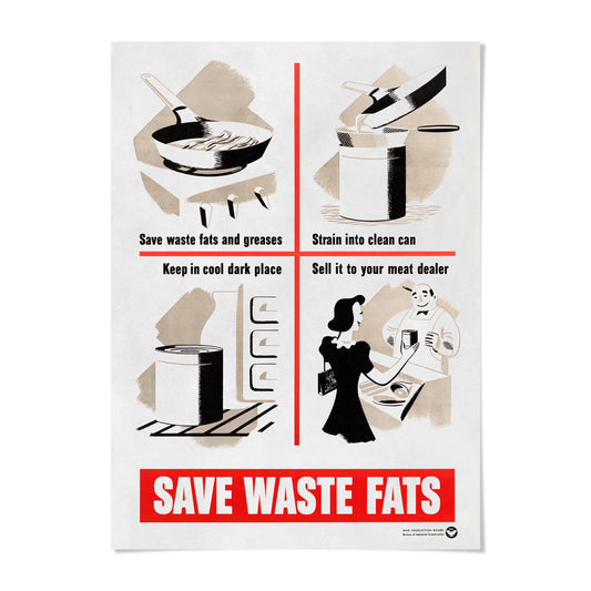 The image is a poster with a message about saving waste fats and grease. It features illustrations of a pan, a can, and a person, along with text providing instructions on how to dispose of fats and grease properly.