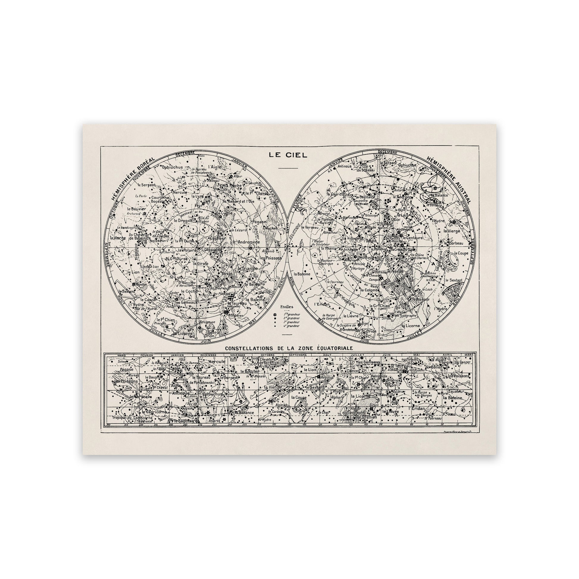 The image is a vintage celestial map of the night sky, depicting various constellations and stars.