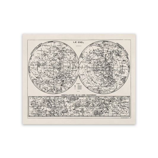 The image is a vintage celestial map of the night sky, depicting various constellations and stars.