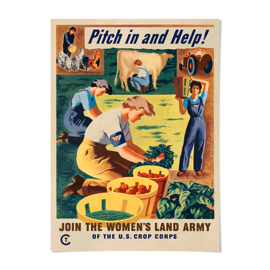 The image is a vintage poster featuring a collage of images related to the Women's Land Army of the U.S. Crops Corps, including women working in a field, a cow, and a tractor. The poster encourages viewers to "Join the Women's Land Army of the U.S. Crops Corps" and emphasizes the importance of pitching in and helping.