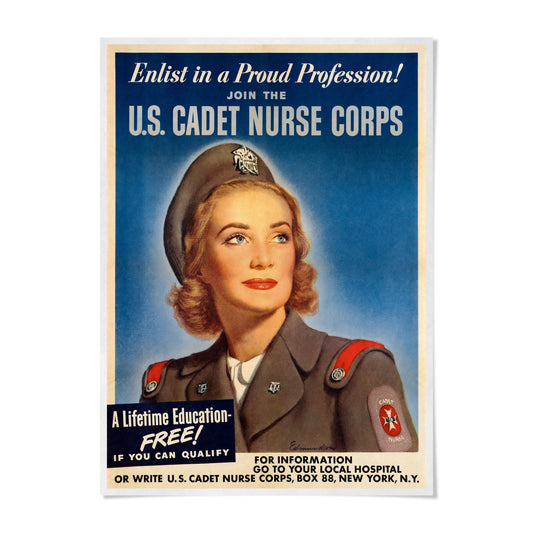 The image is a vintage recruitment poster for the U.S. Cadet Nurse Corps, featuring a woman in a military uniform.