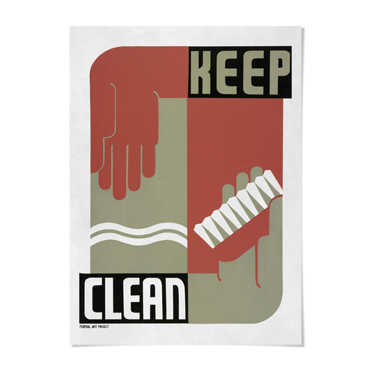 The image is a poster with a simple design featuring a hand holding a toothbrush, along with the text "KEEP CLEAN" and "CLEAN" written in bold letters.