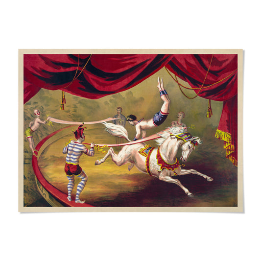 a circus performance, featuring acrobats and a horse performing various stunts.