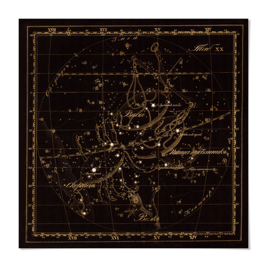 The image is a detailed astrological chart of the zodiac, featuring various constellations and star patterns.