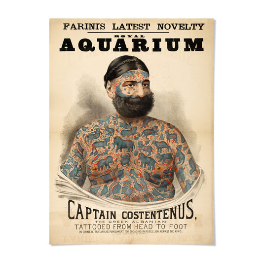 The image is a vintage poster advertising the Royal Aquarium, featuring a tattooed man with a beard and a green skin pattern.