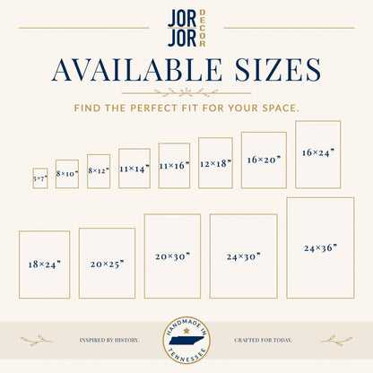 The image is a collection of various sizes of framed artworks or photographs, arranged in a grid format. The text above the image reads "JOR JOR DESIGN" and "AVAILABLE SIZES" followed by a tagline that says "FIND THE PERFECT FIT FOR YOUR SPACE." The bottom of the image features the phrase "INSPIRED BY HISTORY. CRAFTED FOR TODAY."