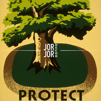 The image is a poster with a tree and the word "PROTECT" prominently displayed.