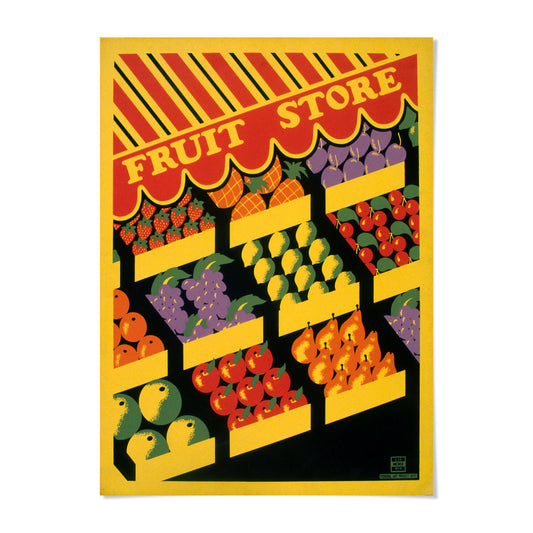 The image is a vibrant and colorful illustration of a fruit store, featuring a variety of fruits such as apples, oranges, and bananas displayed in an appealing manner.