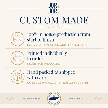 The image is a promotional graphic for a company called JOR Decor, which emphasizes the importance of custom-made products. It features three icons representing 100% in-house production, printing individually to order, and hand-packed with care. The company is inspired by history and is crafted for today, as indicated by the text.