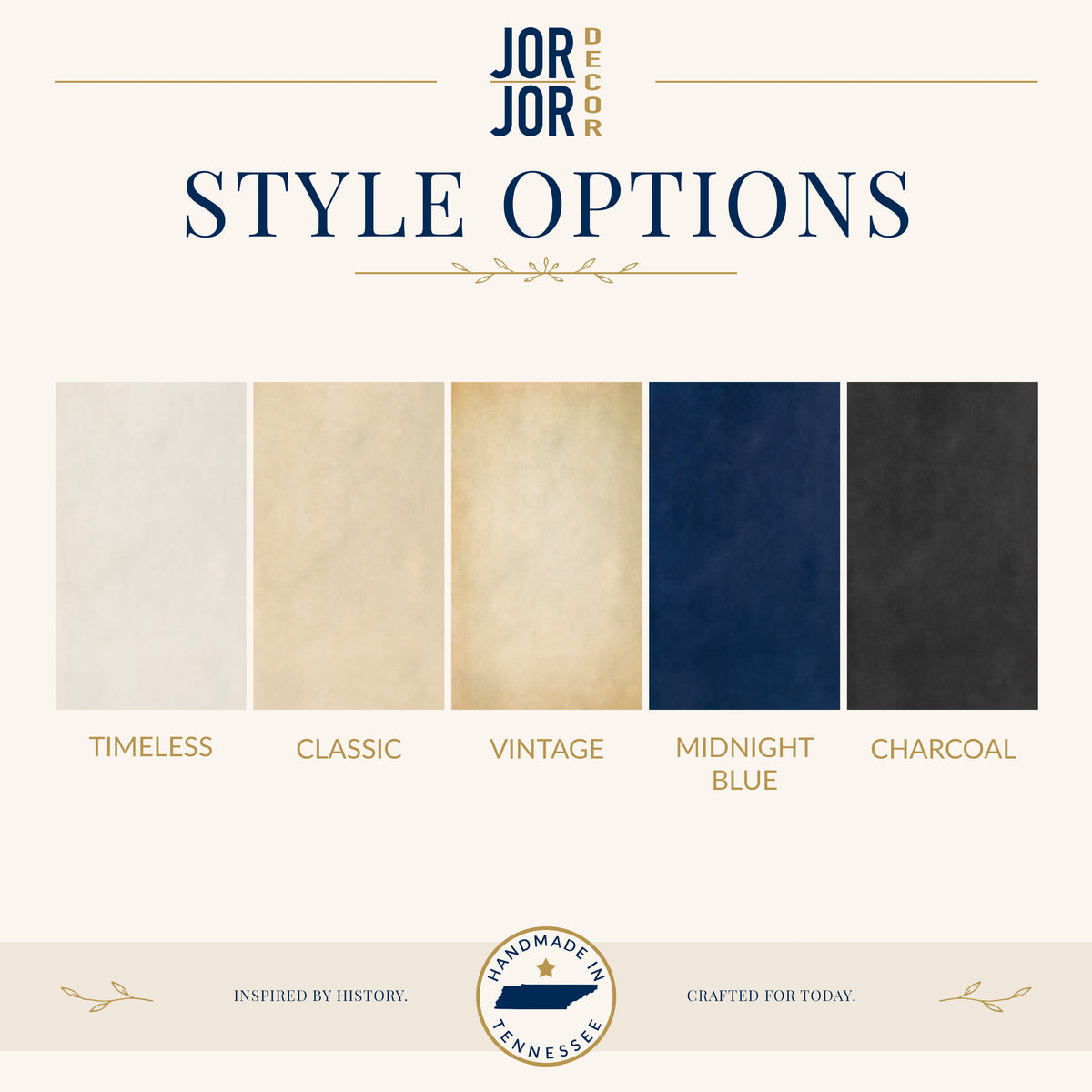 a collection of five fabric swatches in various colors, including white, beige, navy blue, black, and charcoal. The swatches are arranged in a row, and the text above them reads "JOR JOR DESIGN STYLE OPTIONS".
