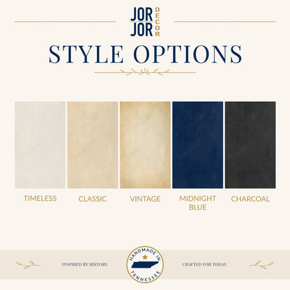 a collection of five fabric swatches in various colors, including white, beige, navy blue, black, and charcoal. The swatches are arranged in a row, and the text above them reads "JOR JOR DESIGN STYLE OPTIONS".
