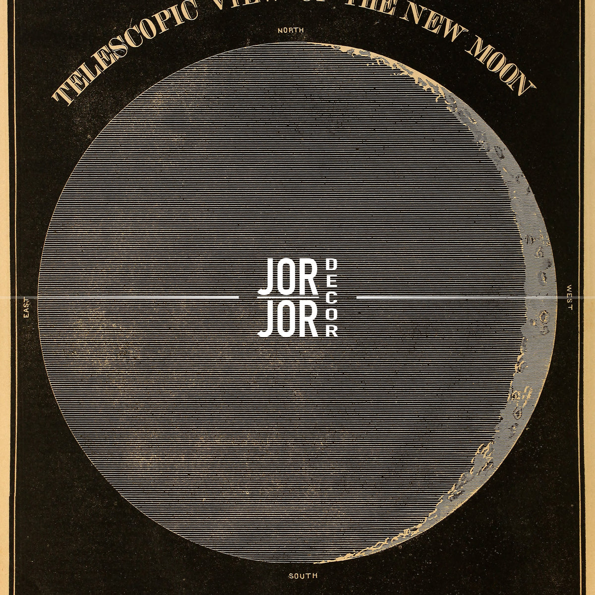 The image is a poster or illustration of a crescent moon, with the text "Telescopic View of the New Moon" and "JOR Decor" prominently displayed.