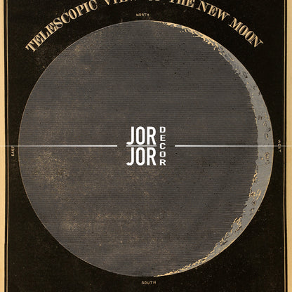 The image is a poster or illustration of a crescent moon, with the text "Telescopic View of the New Moon" and "JOR Decor" prominently displayed.