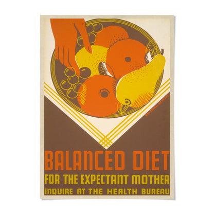 The image is a poster promoting a balanced diet for expectant mothers, featuring an illustration of a bowl of fruit with a hand pointing to it.