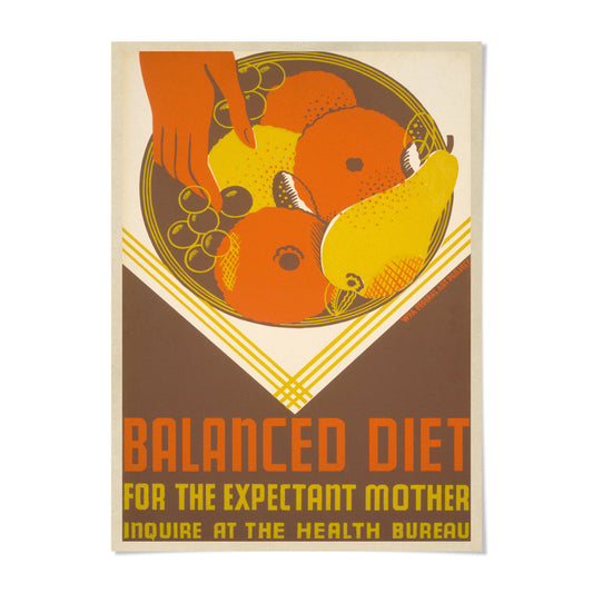 The image is a poster promoting a balanced diet for expectant mothers, featuring an illustration of a bowl of fruit with a hand pointing to it.