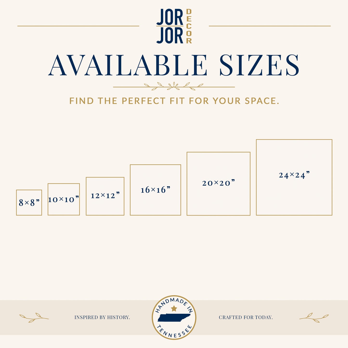 The image is a promotional graphic for a company called JOR Decor, which offers available sizes for various picture frames. The text on the image provides information about the available sizes and emphasizes the importance of finding the perfect fit for one's space.