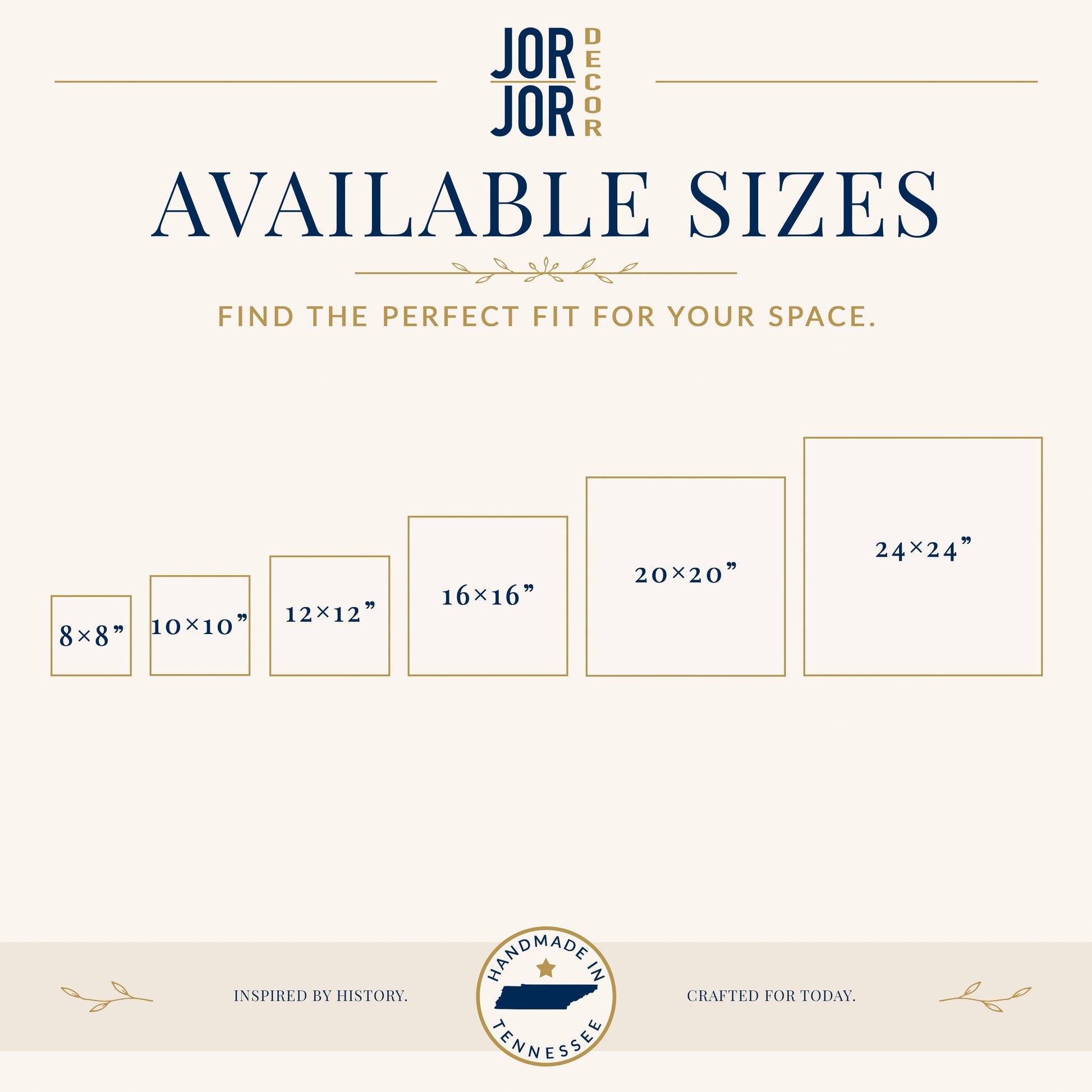 The image is a promotional graphic for a company called JOR Decor, which offers available sizes for various picture frames. The text on the image provides information about the available sizes and emphasizes the importance of finding the perfect fit for one's space.