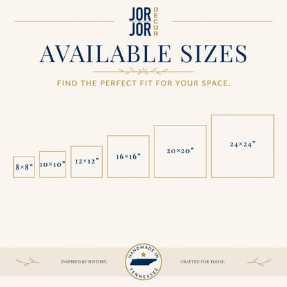 The image is a promotional graphic for a company called JOR Decor, which offers available sizes for various picture frames. The text on the image provides information about the available sizes and emphasizes the importance of finding the perfect fit for one's space.