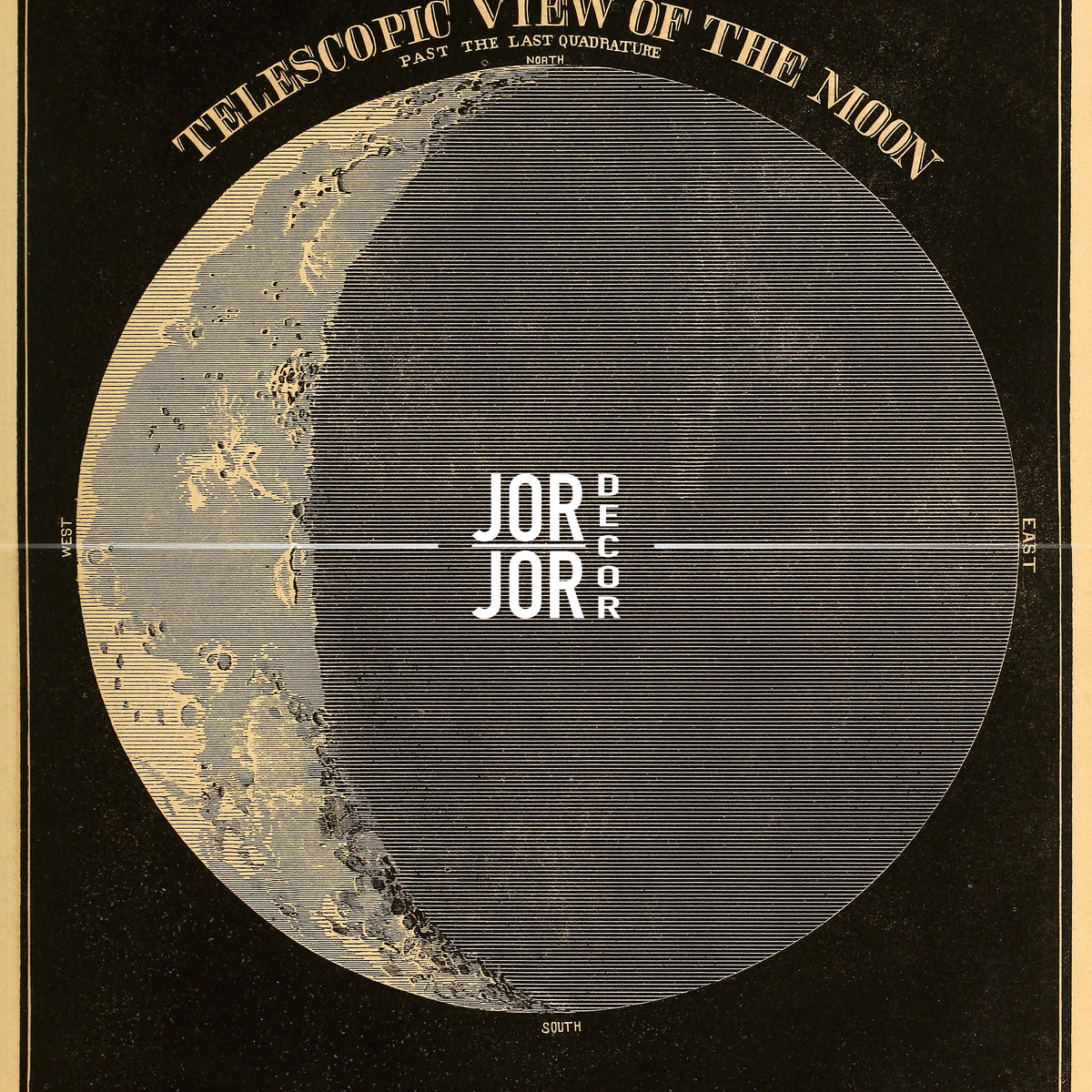 The image is a vintage poster depicting a telescope view of the moon, with a large crescent moon and a starry night sky background.