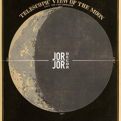 The image is a vintage poster depicting a telescope view of the moon, with a large crescent moon and a starry night sky background.
