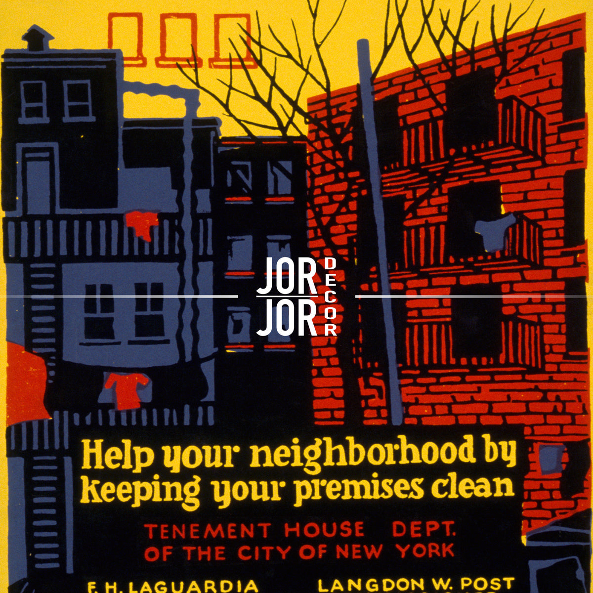 The image is a poster with a stylized illustration of a neighborhood, featuring a brick building, trees, and a person. The text on the poster encourages people to help their neighborhood by keeping their premises clean, and it mentions the Tenement House Dept. of the City of New York.