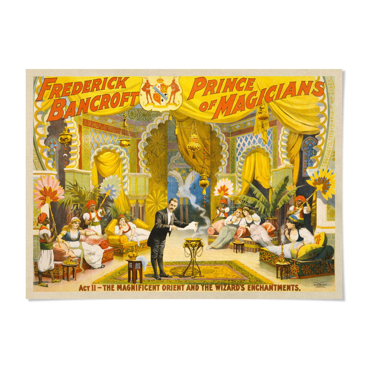 The image is a colorful and detailed illustration of a stage performance, featuring a man in a suit and hat standing in the center, surrounded by various characters and props.