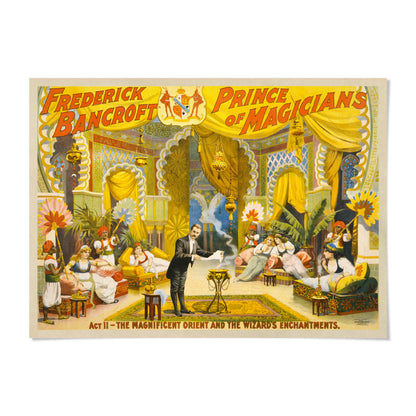The image is a colorful and detailed illustration of a stage performance, featuring a man in a suit and hat standing in the center, surrounded by various characters and props.
