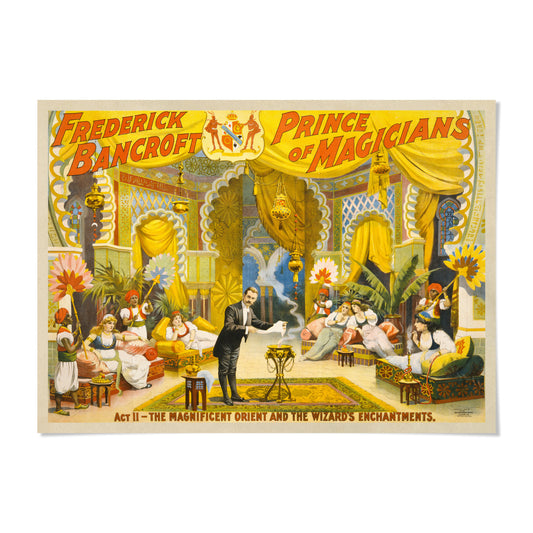 The image is a colorful and detailed illustration of a stage performance, featuring a man in a suit and hat standing in the center, surrounded by various characters and props.