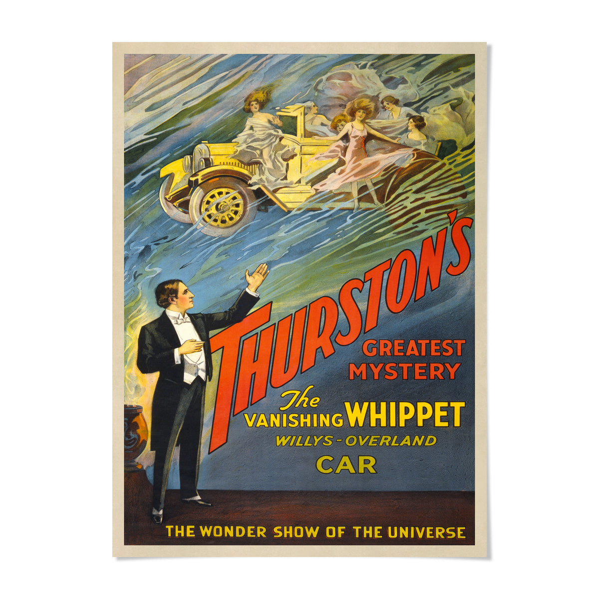 The image is a vintage poster advertising a magic show featuring a disappearing car.