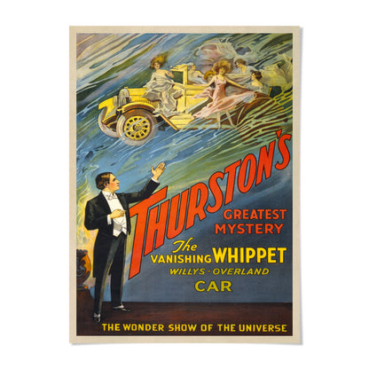 The image is a vintage poster advertising a magic show featuring a disappearing car.