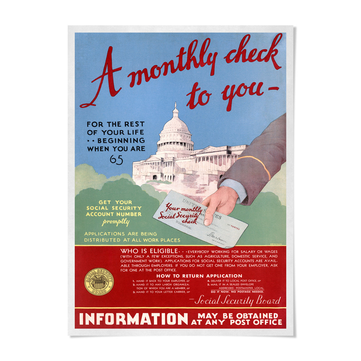 A vintage-style poster with a hand holding a check and a building in the background, promoting a monthly check for Social Security benefits.