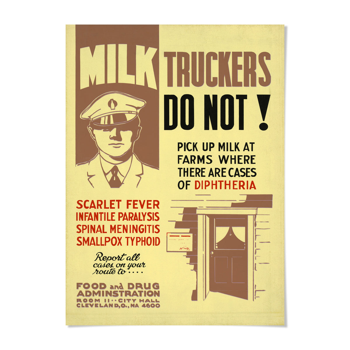 The image is a poster with a cartoon-style illustration of a milk truck driver and a warning message about picking up milk at farms where there are cases of diphtheria.