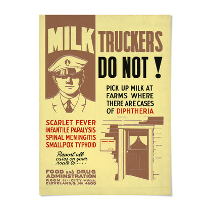 The image is a poster with a cartoon-style illustration of a milk truck driver and a warning message about picking up milk at farms where there are cases of diphtheria.