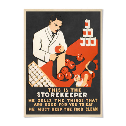 The image is a vintage poster featuring a man in a white suit standing behind a counter, surrounded by various food items such as apples and eggs.