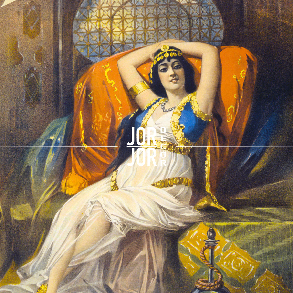 A woman in an ornate dress with a headdress is depicted in a painting, sitting on a colorful couch and holding her head in her hands.