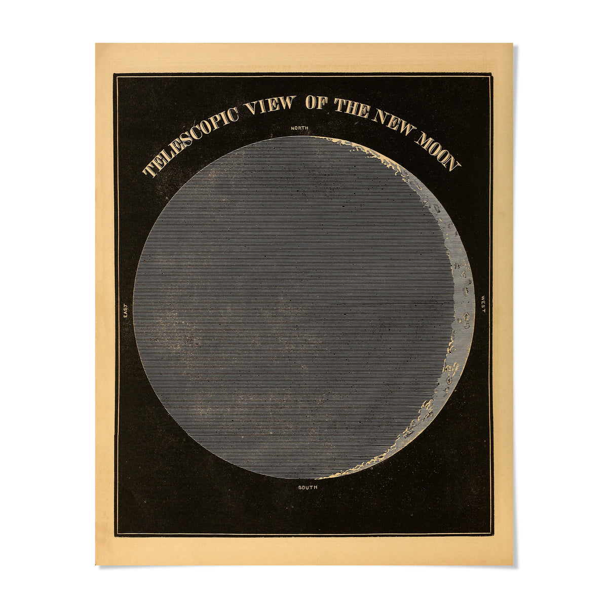 The image is a poster or illustration depicting a telescope's view of the new moon.