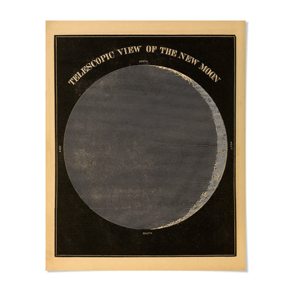The image is a poster or illustration depicting a telescope's view of the new moon.